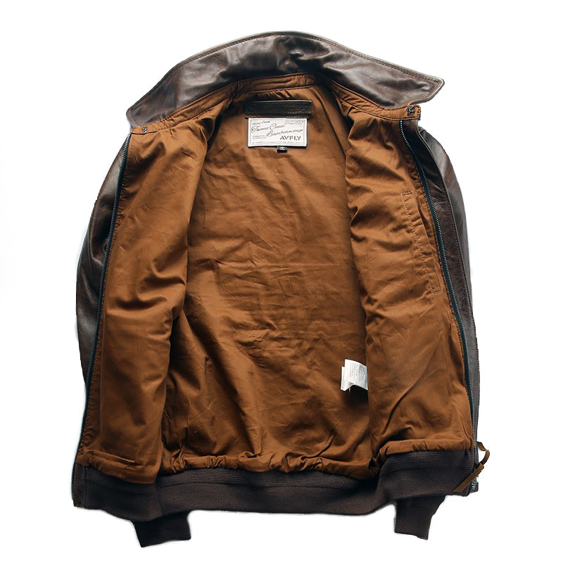 Interior view of a men's leather biker jacket, showcasing a brown lining and no hood, perfect for rock style outfits.