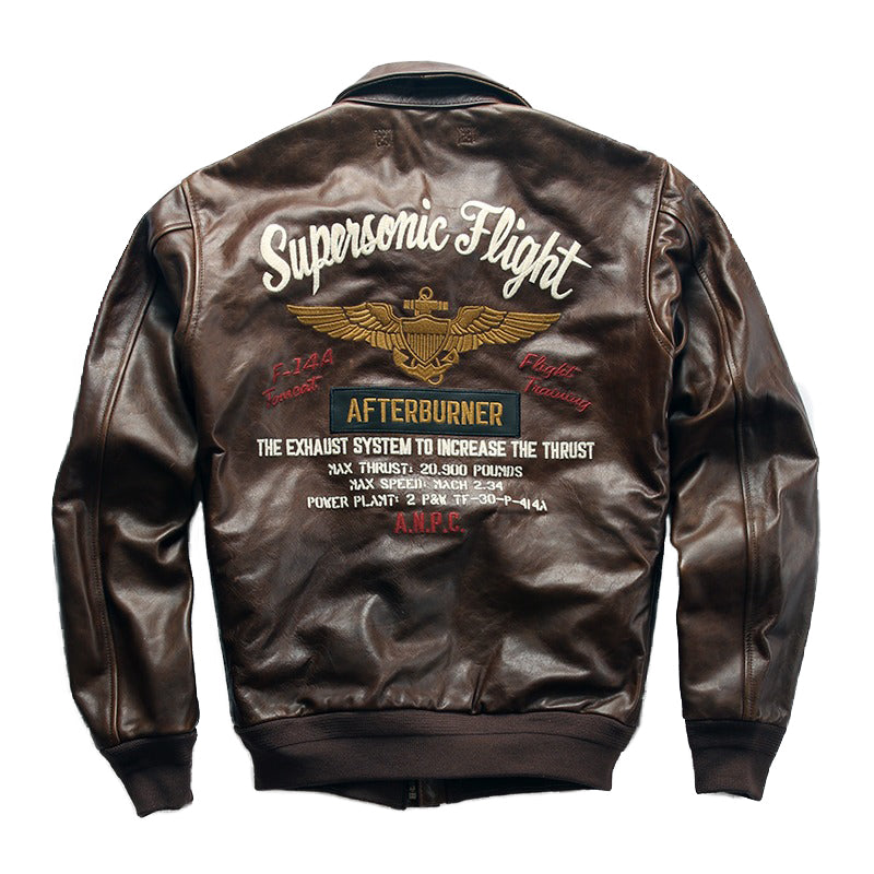 Men's bomber jacket with Supersonic Flight embroidery and patches, perfect for a stylish rock look.