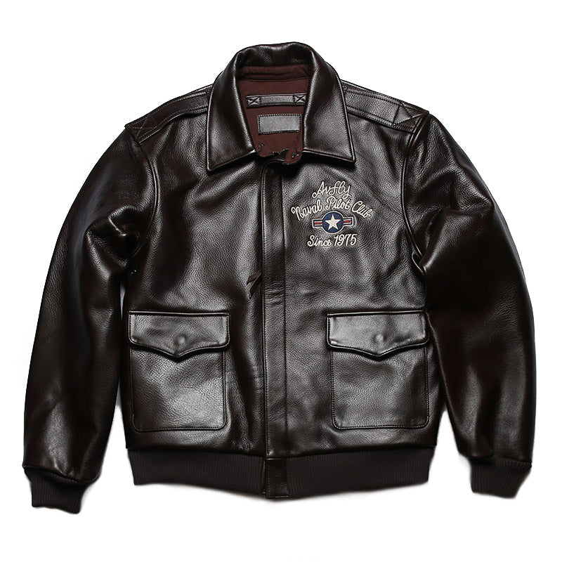 Men's leather bomber jacket with patches, embroidered details and a vintage look, perfect for rock style outfits.