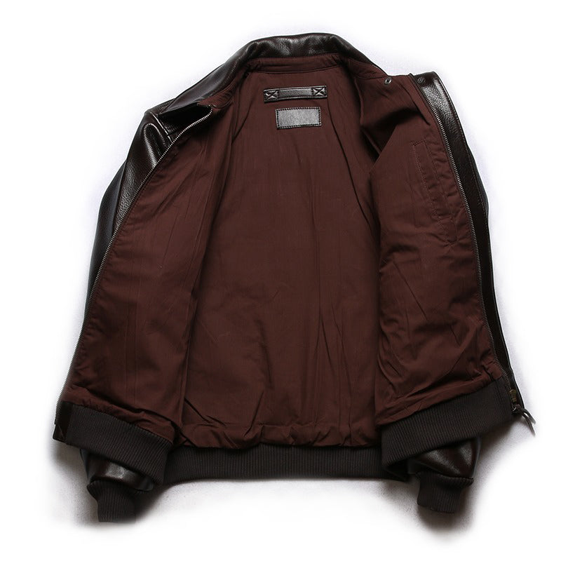 Interior view of a stylish leather biker jacket showcasing a rich brown lining, perfect for a rock fashion statement.