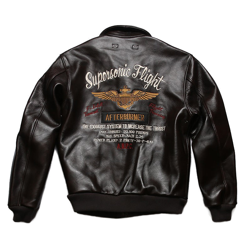 Men's leather bomber jacket featuring stylish back embroidery and a sleek design for a rock-inspired look.
