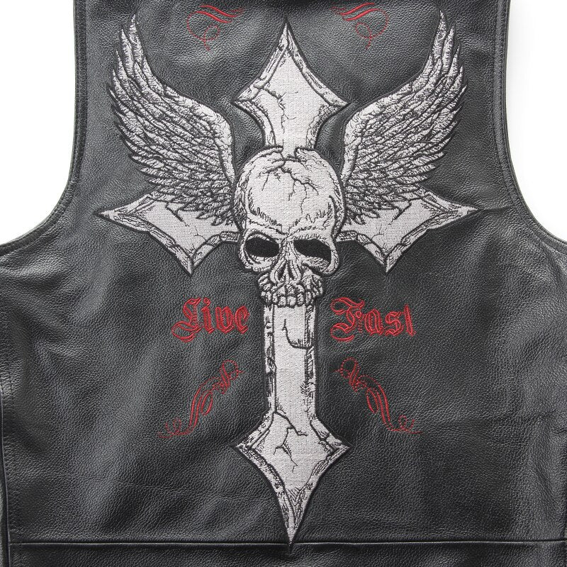 Leather biker vest / Rock Style Skull Cross Leather men's vest - HARD'N'HEAVY