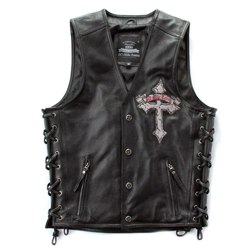 Leather biker vest / Rock Style Skull Cross Leather men's vest - HARD'N'HEAVY