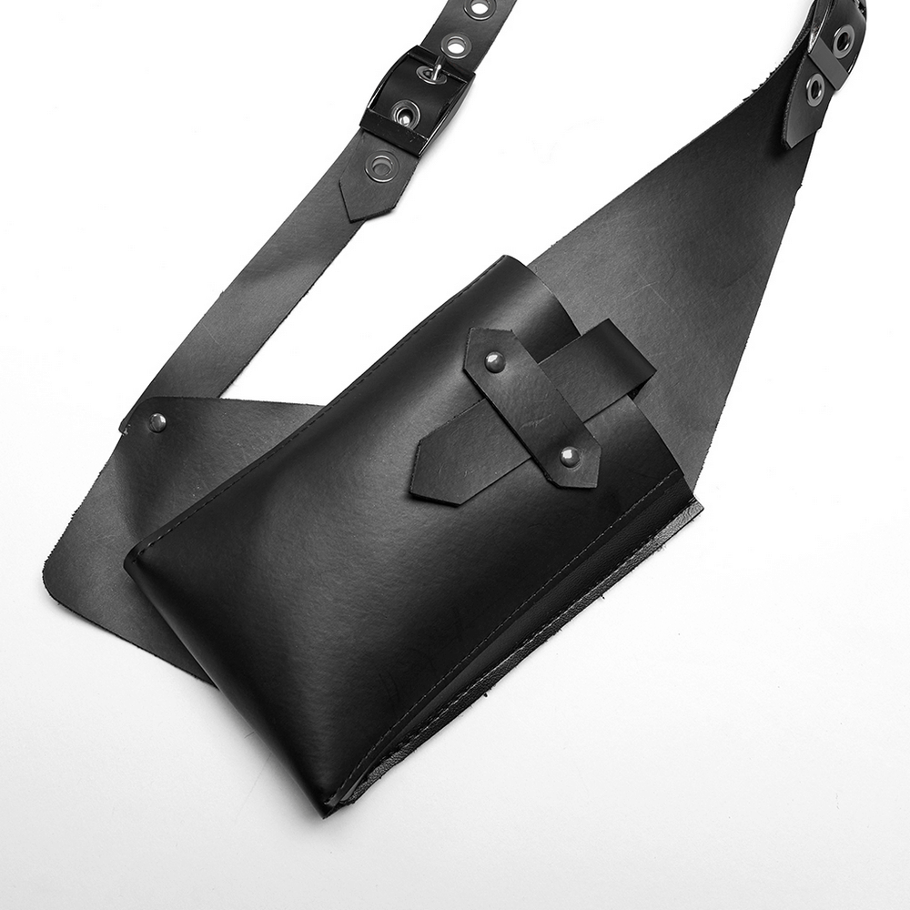 Stylish black leather harness chest rig with utility pouches for hands-free carrying.
