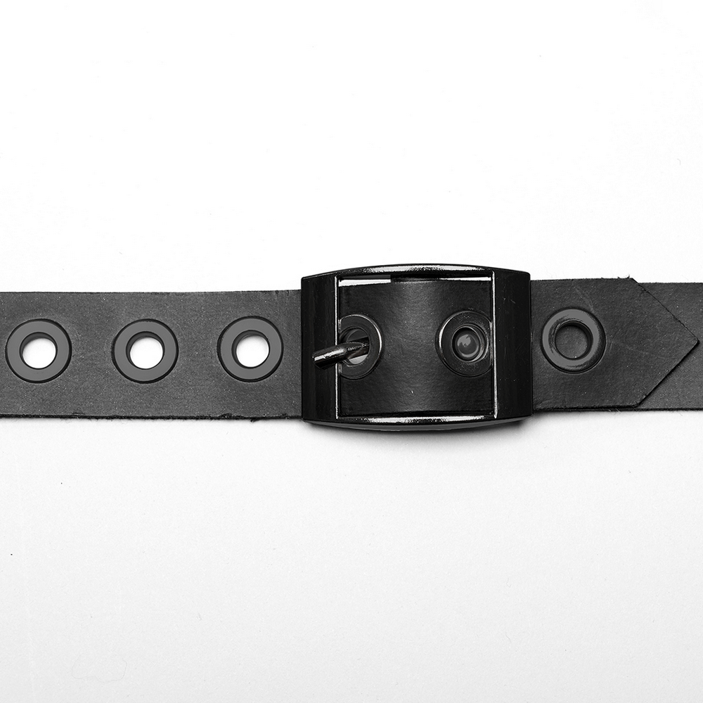 Close-up of an adjustable black leather strap with metal buckle and eyelets for customizable fit.