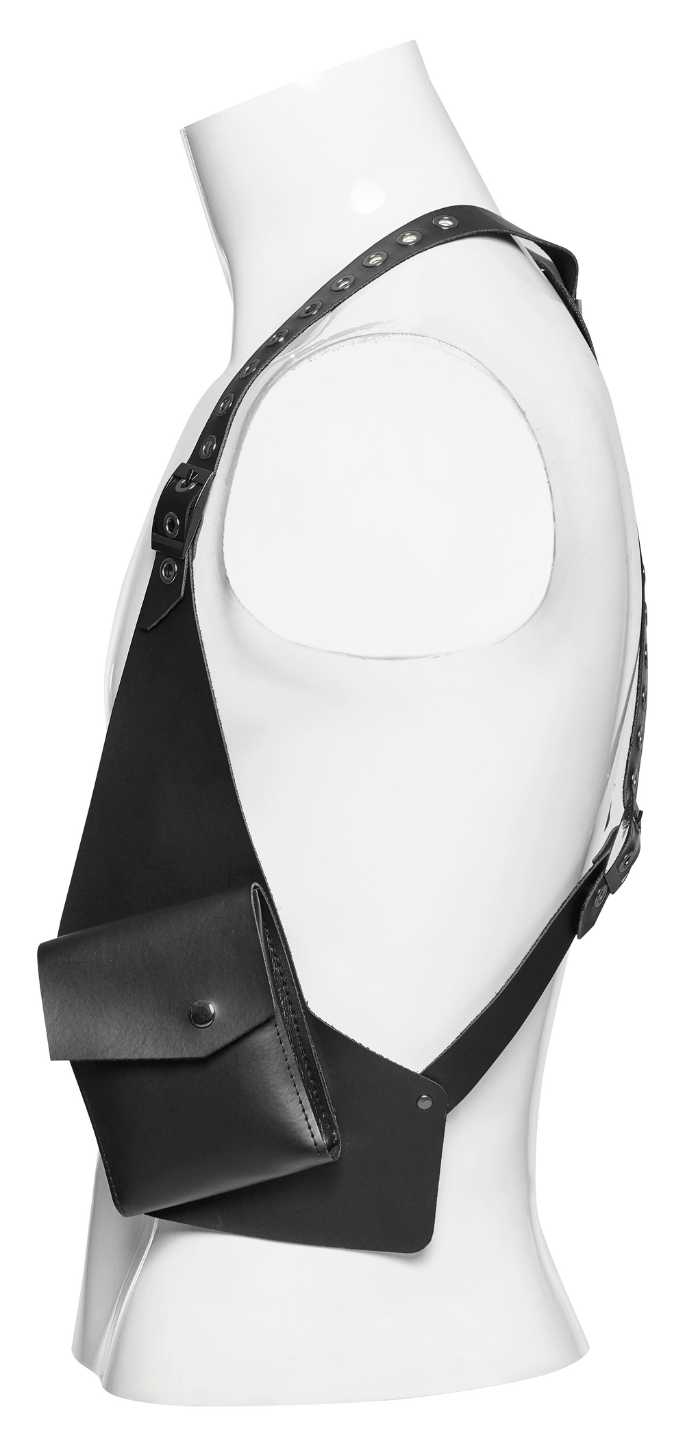 Side view of a leather harness chest rig with utility pouch, showcasing its stylish and adjustable design.