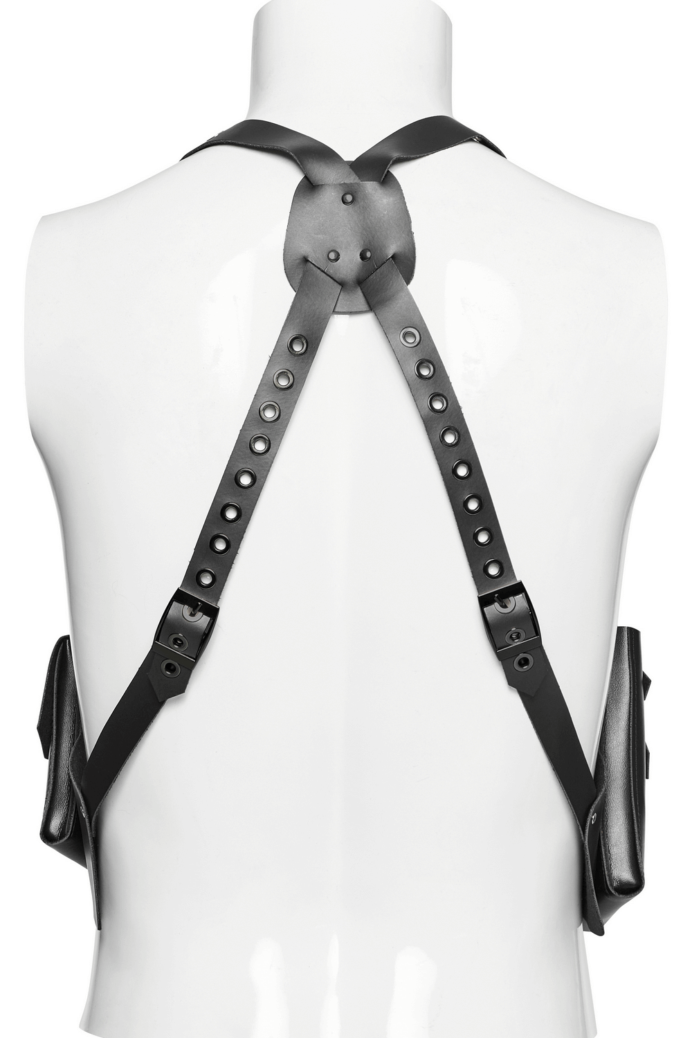 Back view of an adjustable leather harness chest rig with utility pouches, showcasing a bold punk fashion style.