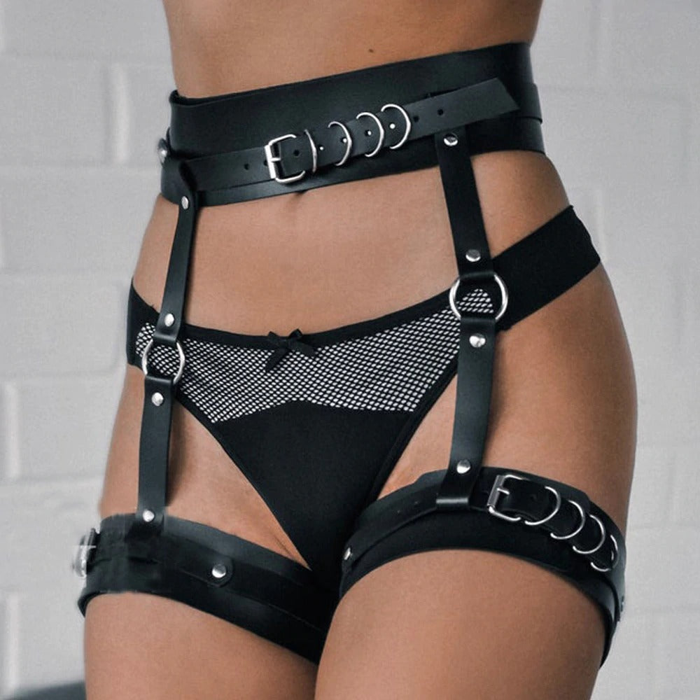 Leather leg garter body strap harness belt with adjustable buckle, shown on model for sexy cosplay or romantic style.