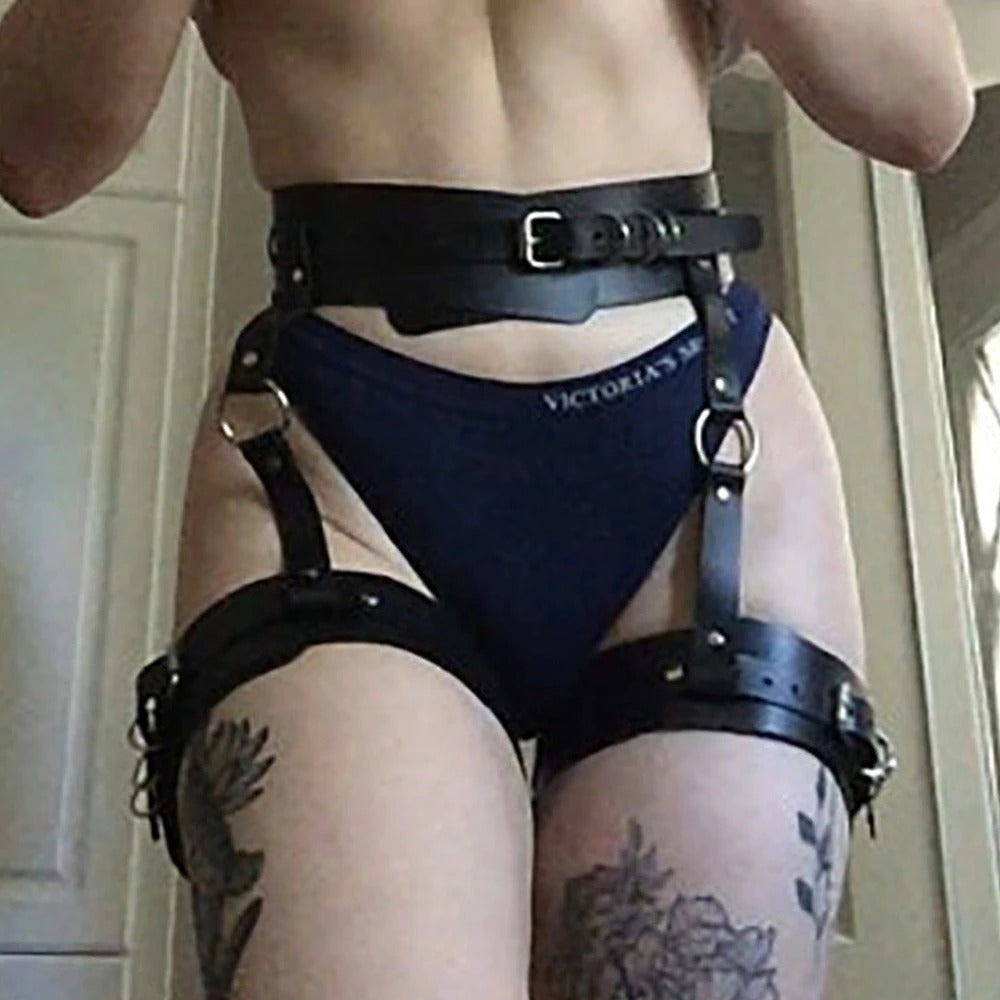Stylish leather leg garter body strap harness belt for women, perfect for sexy outfits and cosplay.