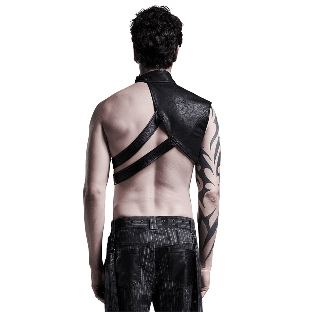 Edgy one-arm leather shoulder harness with bold straps, perfect for punk streetwear enthusiasts.