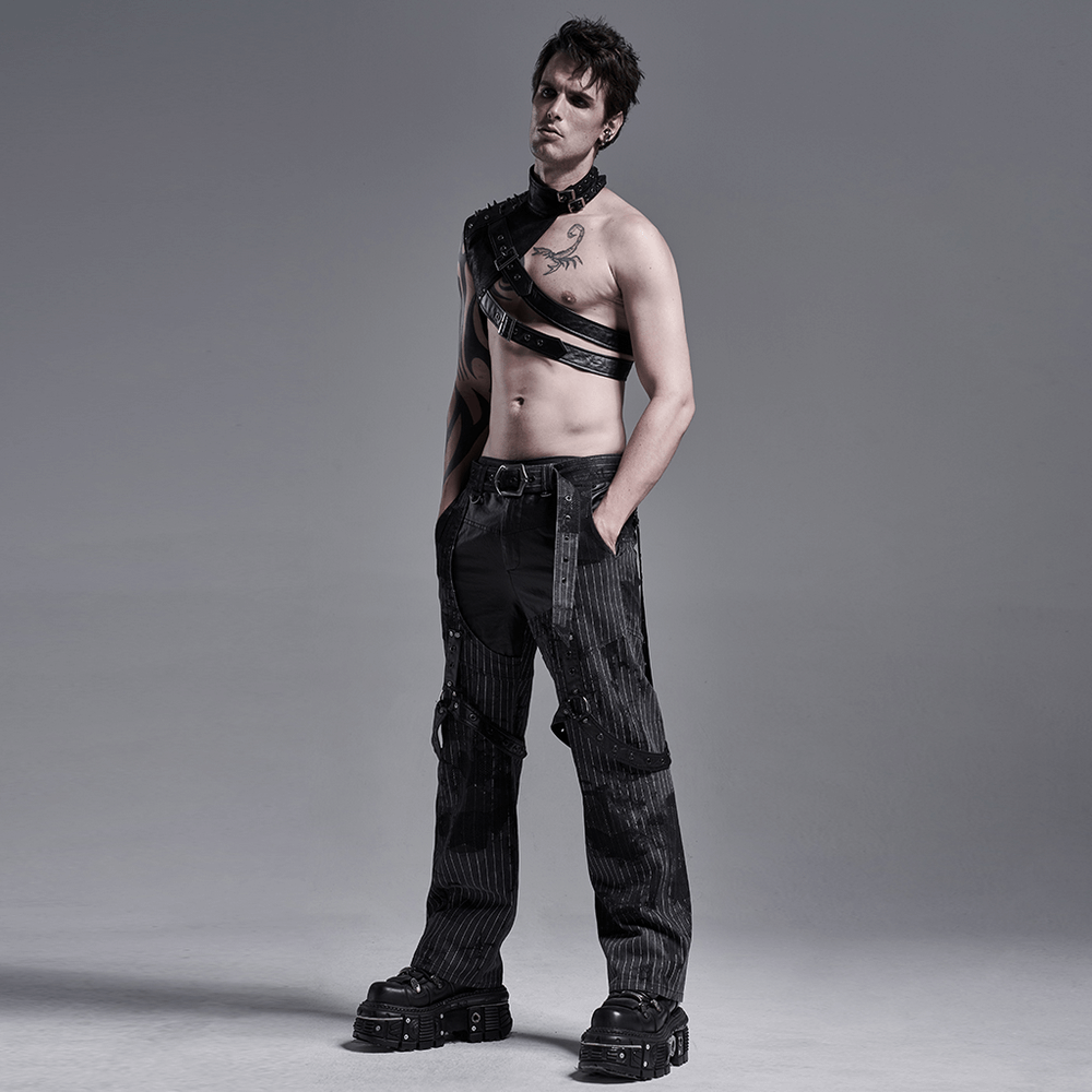 Punk men's one-arm leather shoulder harness showcasing edgy streetwear style with striking accessories.