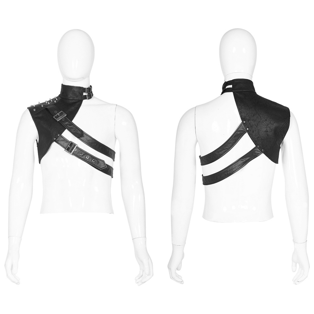 Edgy leather shoulder harness showcasing punk style, with metal rivets and adjustable straps, perfect for streetwear.