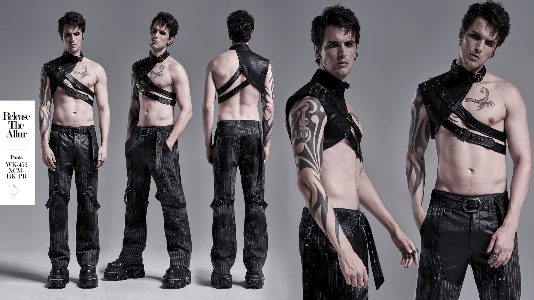 Edgy leather shoulder harness for punk fashion, featuring bold metal rivets and a stylish one-arm design.