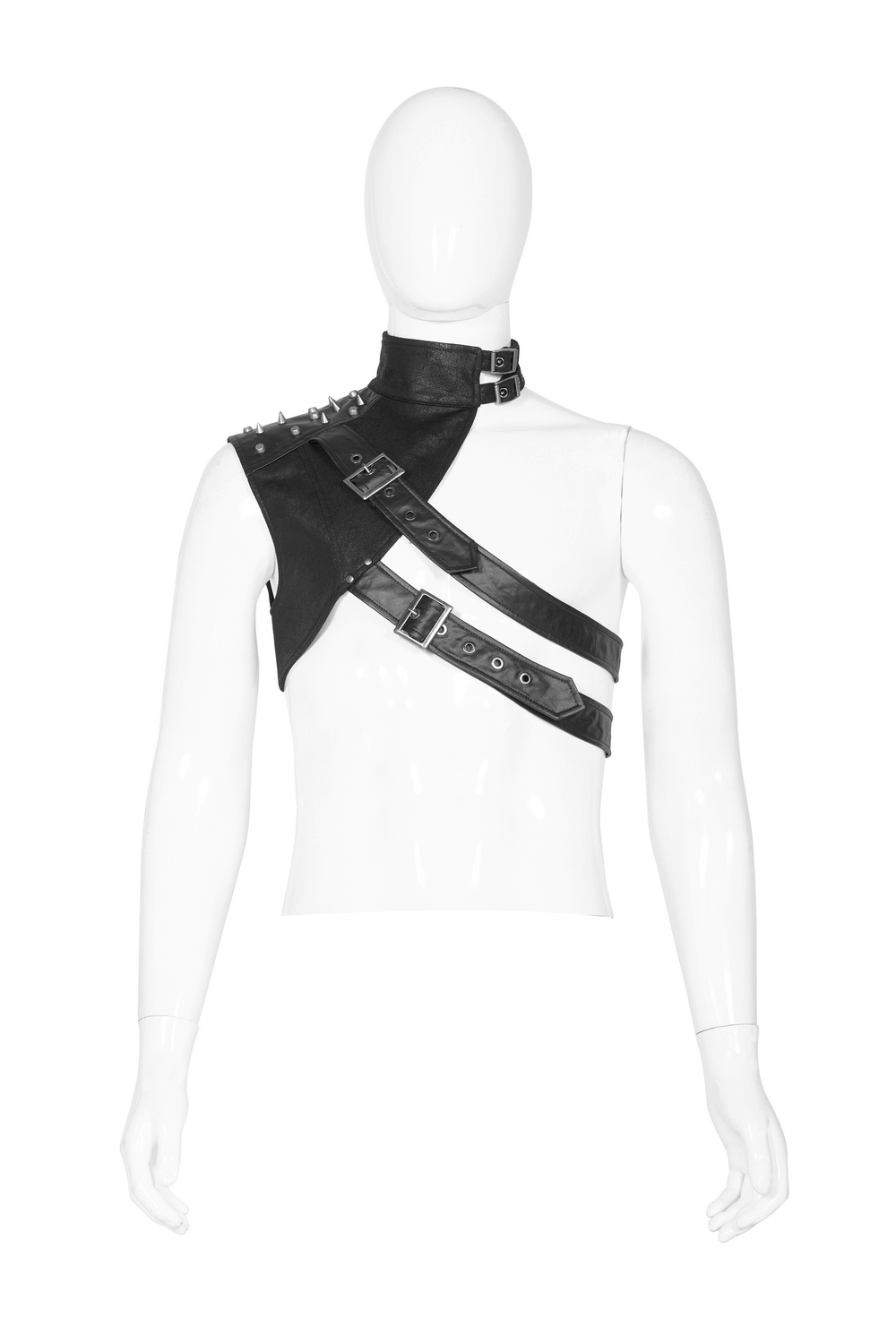 Edgy leather shoulder harness with metal rivets for punk streetwear style.