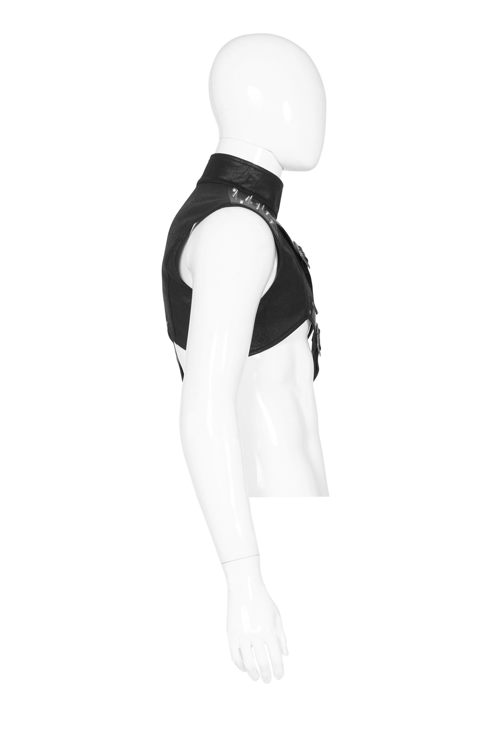 Side view of a men's leather shoulder harness, featuring adjustable straps and bold metal rivets for edgy streetwear style.