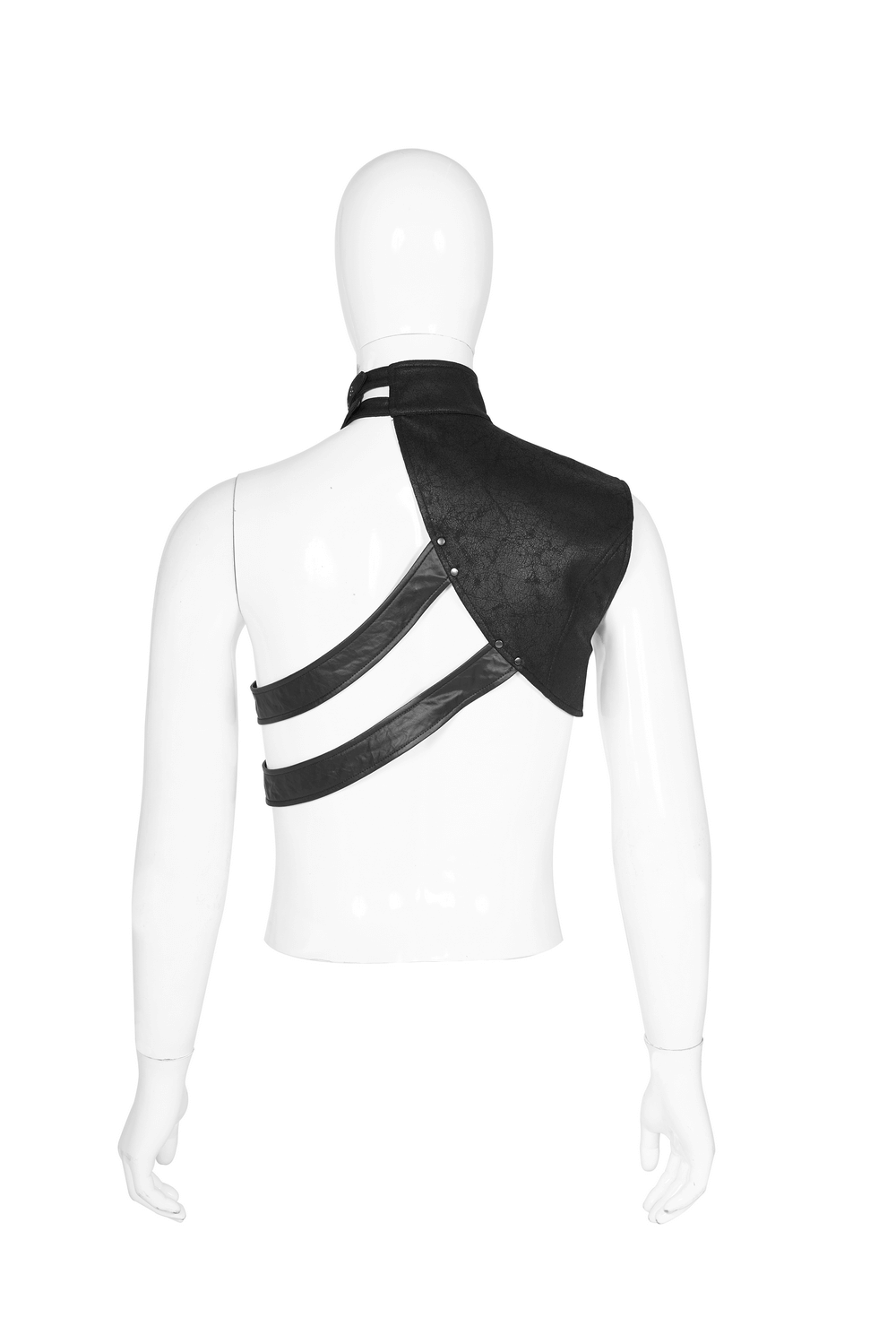 Men's one-arm shoulder harness in textured black PU leather with bold metal rivets for edgy streetwear.