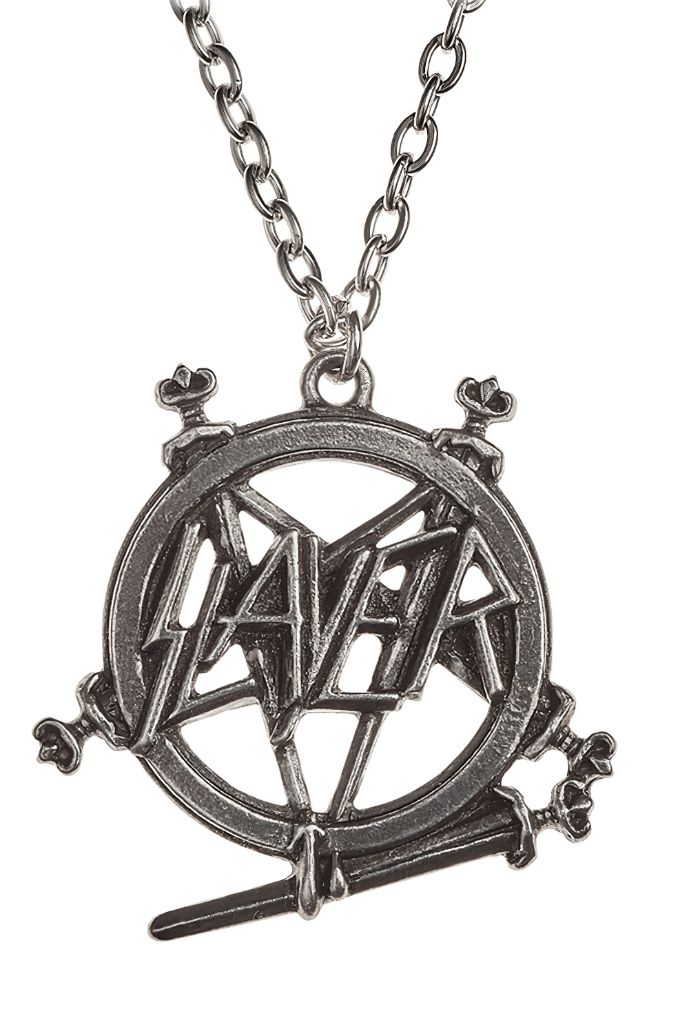 Legendary Slayer pentagram logo pendant in antiqued pewter on a sturdy chain, perfect for metal fans.