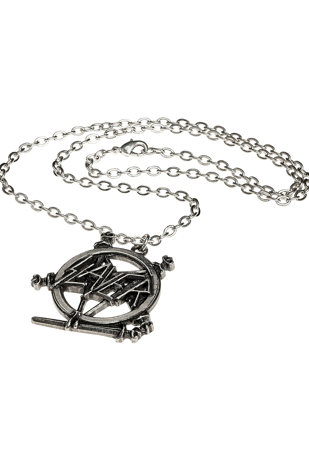 Legendary Slayer pentagram pendant on sturdy chain, crafted from antiqued pewter for true metal fans.