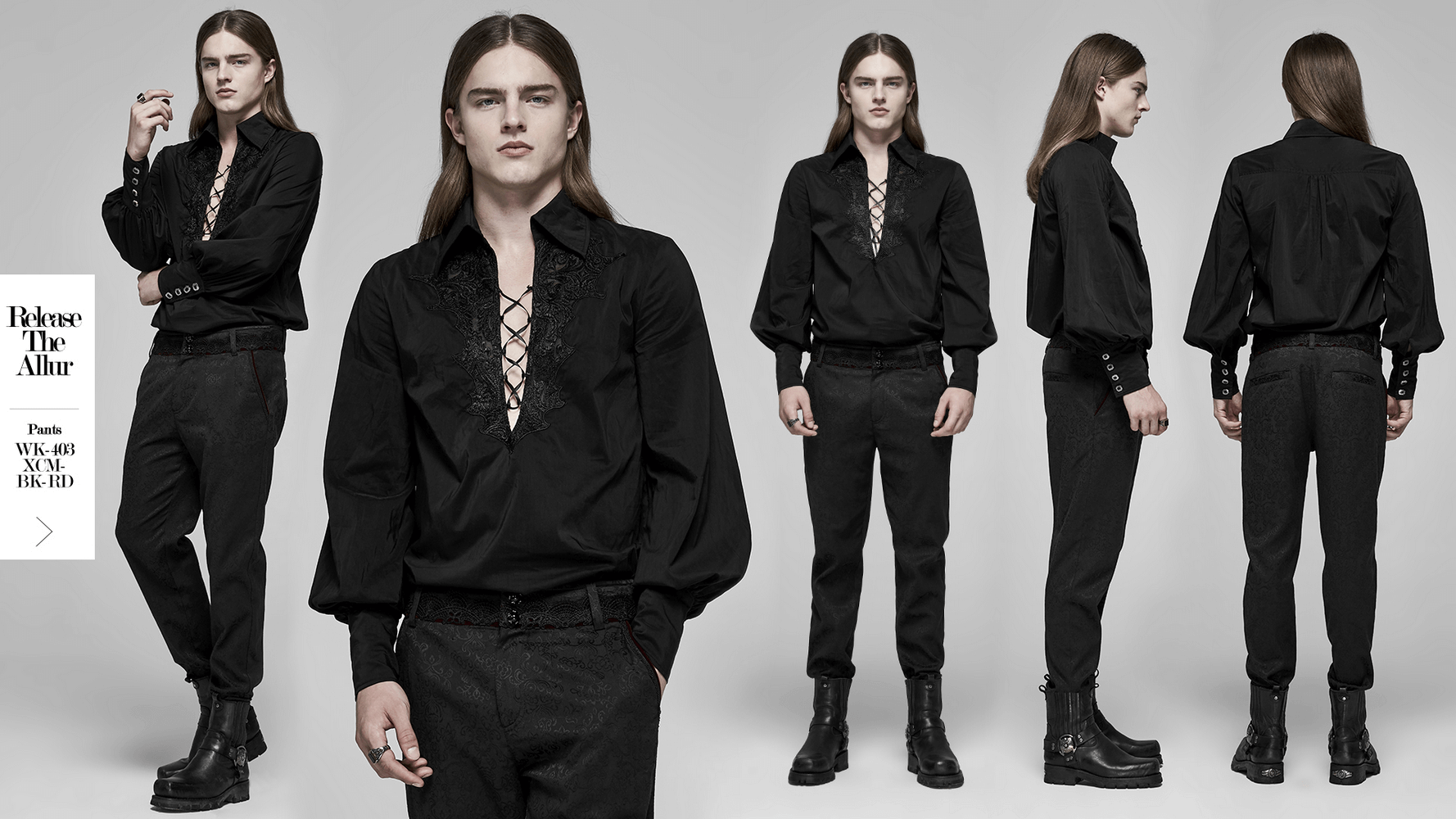 Enigmatic Gothic Fire Dragon shirt with lace collar, long sleeves, and stylish black trousers for a bold look.