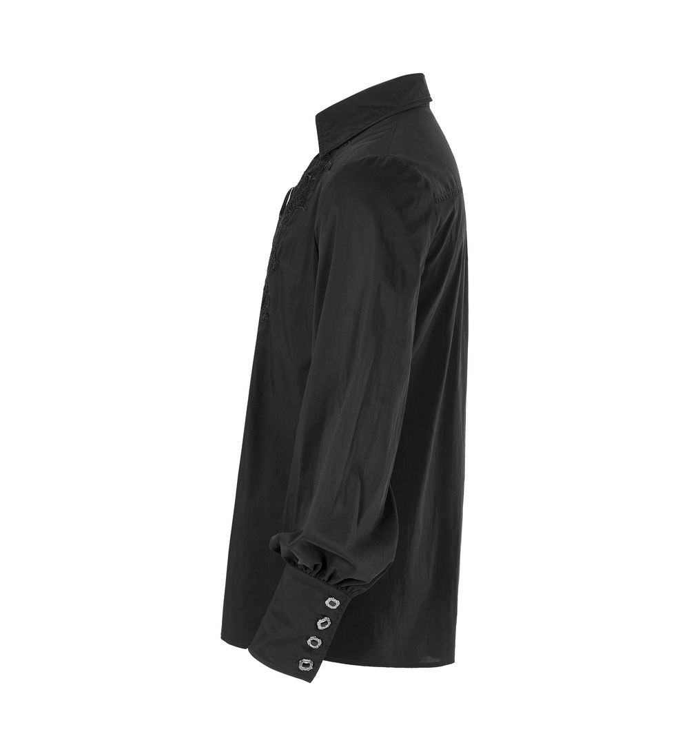 Side view of a Gothic Fire Dragon long sleeve shirt featuring a lace collar and decorative button details.