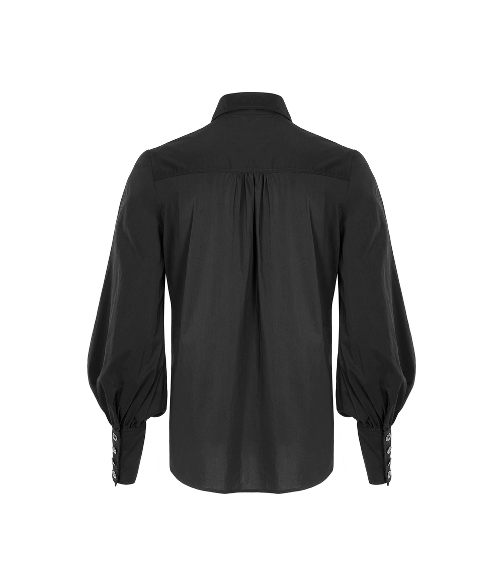 Back view of the Enigmatic Gothic Fire Dragon Long Sleeve Shirt with puffed sleeves and lace collar detail.