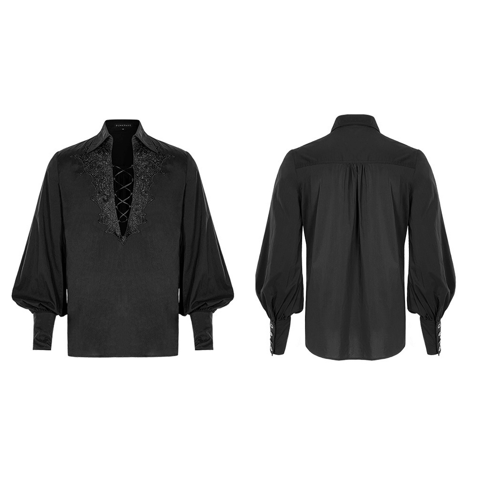 Gothic long sleeve black shirt featuring lace collar detail and puffed sleeves, perfect for a mysterious look.
