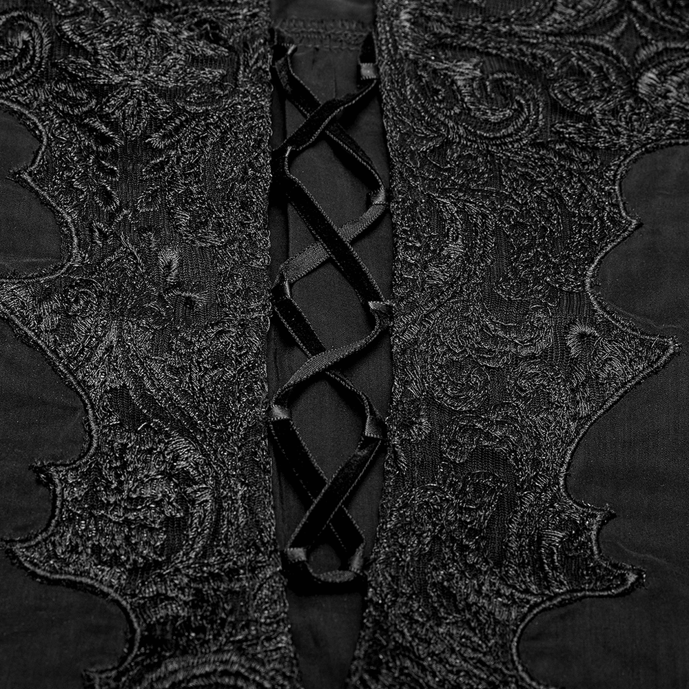 Close-up of intricate lace detail and lacing on Gothic Fire Dragon shirt, showcasing dark elegance.