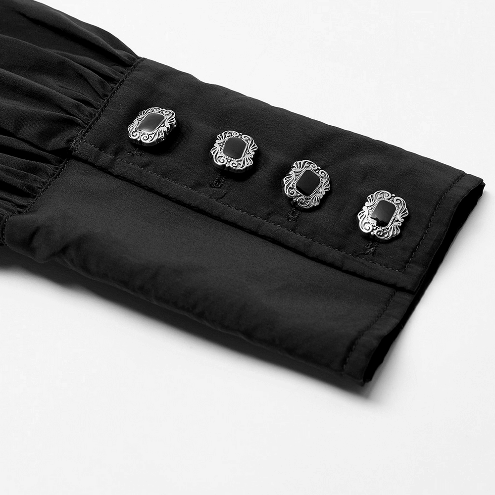 Detail of Gothic Fire Dragon shirt sleeve with intricate lace and ornate buttons.