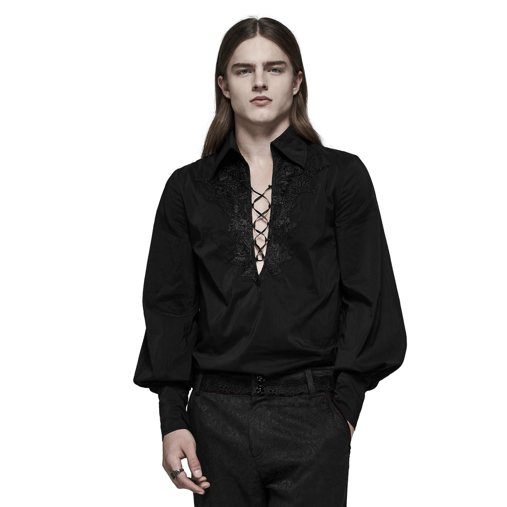 Mysterious man wearing an Enigmatic Gothic Fire Dragon Shirt with lace collar detail, showcasing a dark and stylish look.