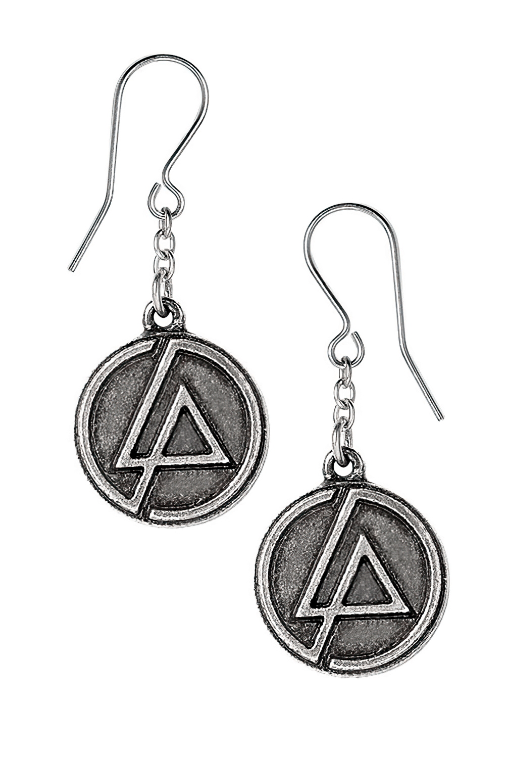 Linkin Park antiqued pewter circle logo dropper earrings with chain links for a stylish look.