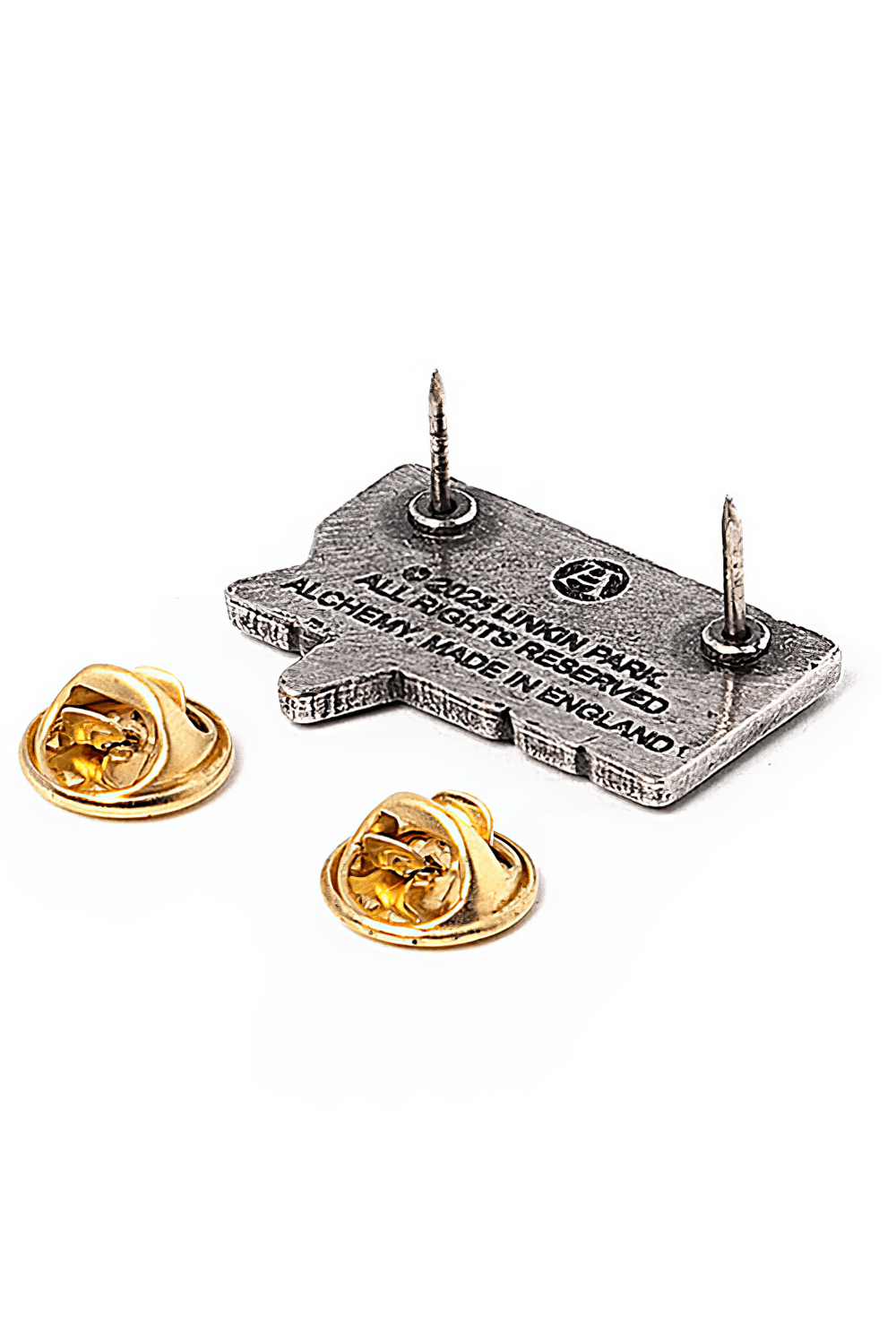 Linkin Park pewter pin badge back view with gold clasps, handcrafted collectible for rock fans.