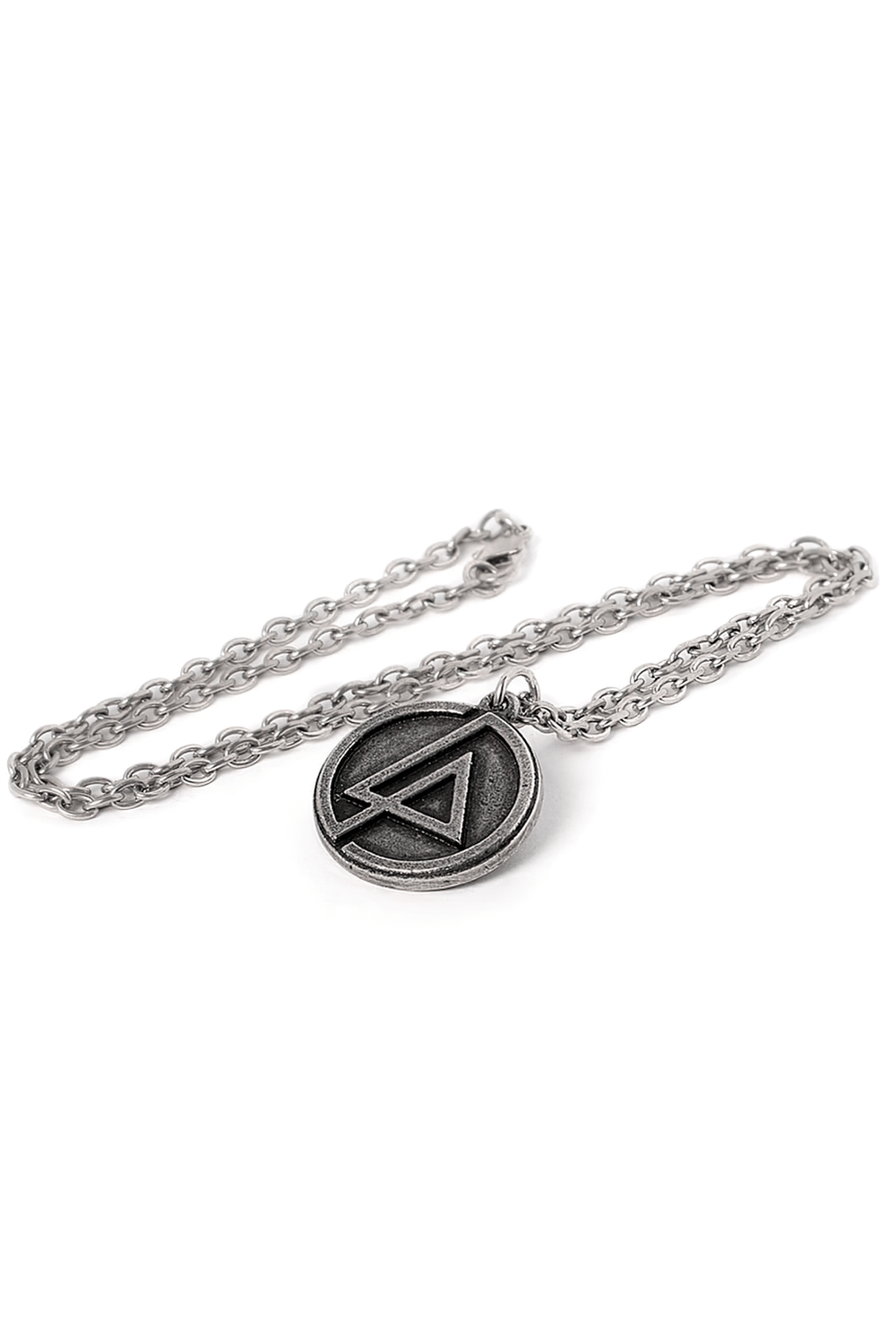 Linkin Park LP circle logo pewter pendant necklace on chain, perfect for concerts and fans of iconic rock music.