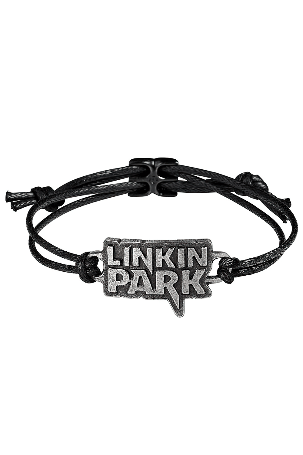 Linkin Park pewter logo bracelet with adjustable black cord strap, perfect for modern rock fans.