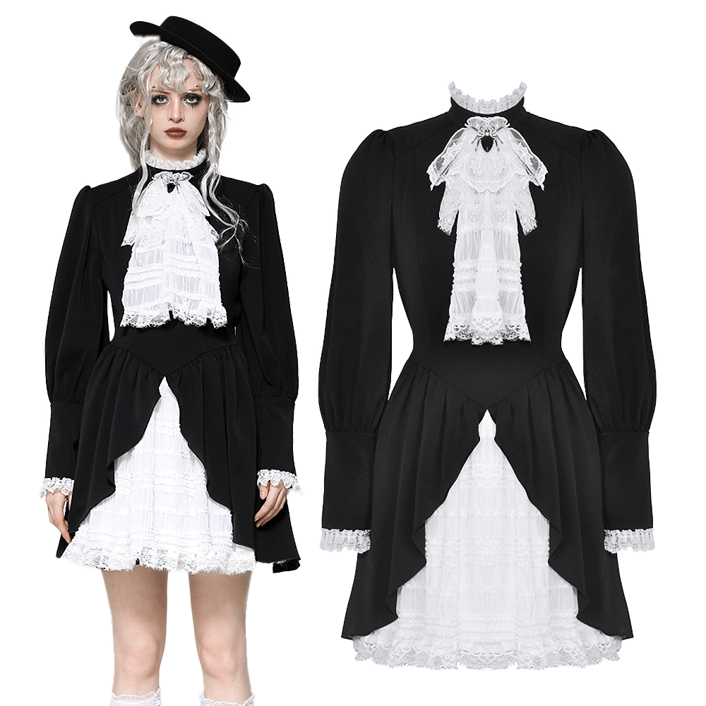 Elegant black and white Gothic Lolita dress with lace trim and ruffled skirt, perfect for cosplay or themed events.