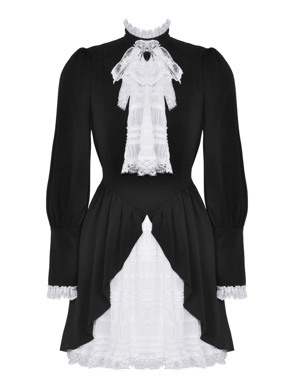 Elegant black and white Gothic Lolita dress with lace trim and ruffled skirt, perfect for cosplay or themed events.