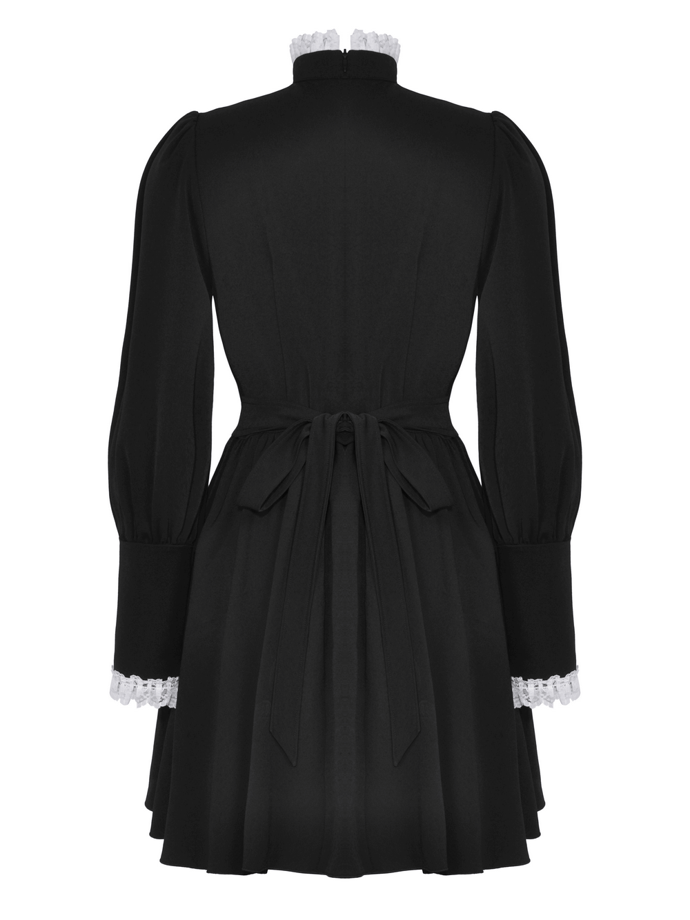 Back view of a black and white lace Gothic Lolita dress with ruffled skirt and long sleeves, showcasing elegant design details.