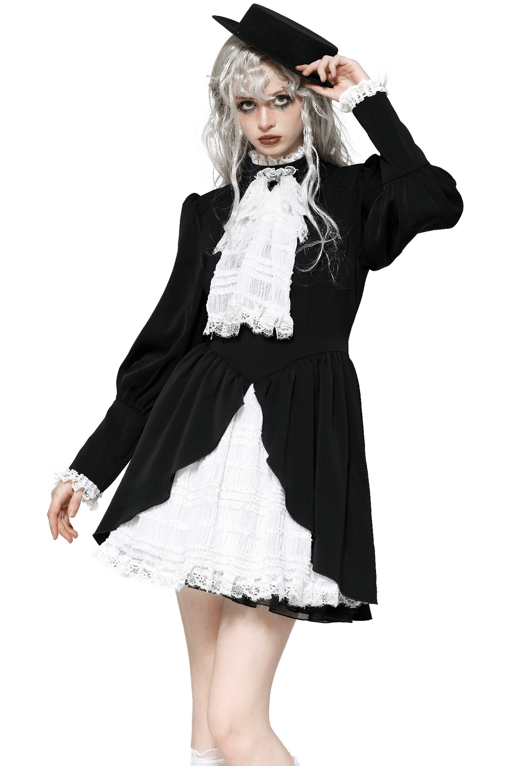 Elegant black and white Gothic Lolita dress with lace trim and ruffled skirt, perfect for cosplay or themed events.