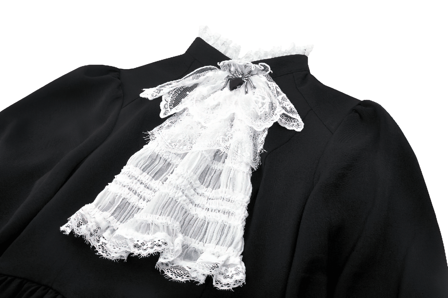 Elegant black and white lace detail on Gothic Lolita dress, featuring a chic high collar and delicate ruffled trim.