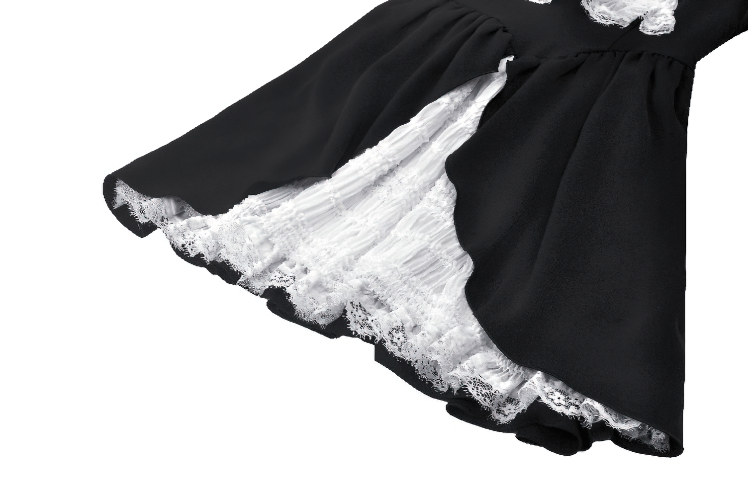 Elegant black and white lace dress showcasing a ruffled skirt and intricate lace trim. Perfect for Gothic Lolita style!