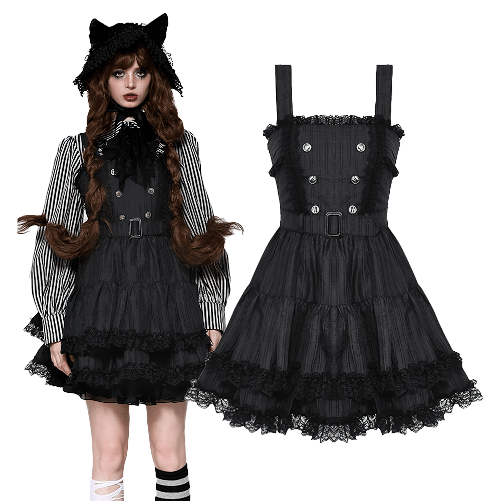 Elegant black Lolita dress with lace ruffles, decorative buttons, and a belted waist, styled for gothic fashion lovers.