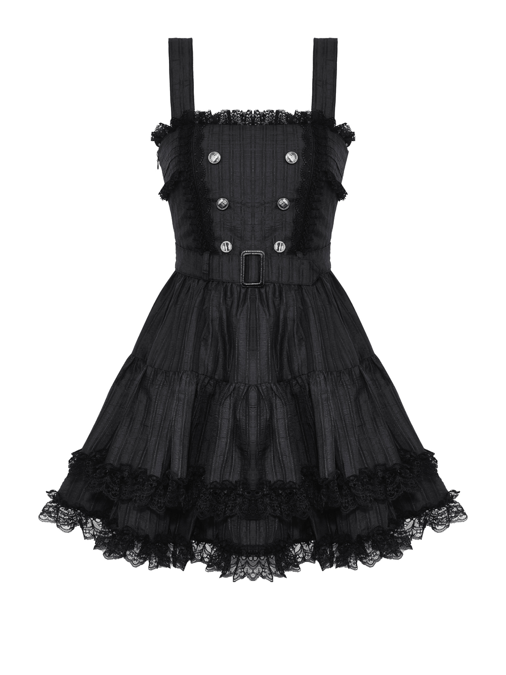 Elegant black Lolita dress with lace ruffles, decorative buttons, and a belted waist for a gothic-inspired look.