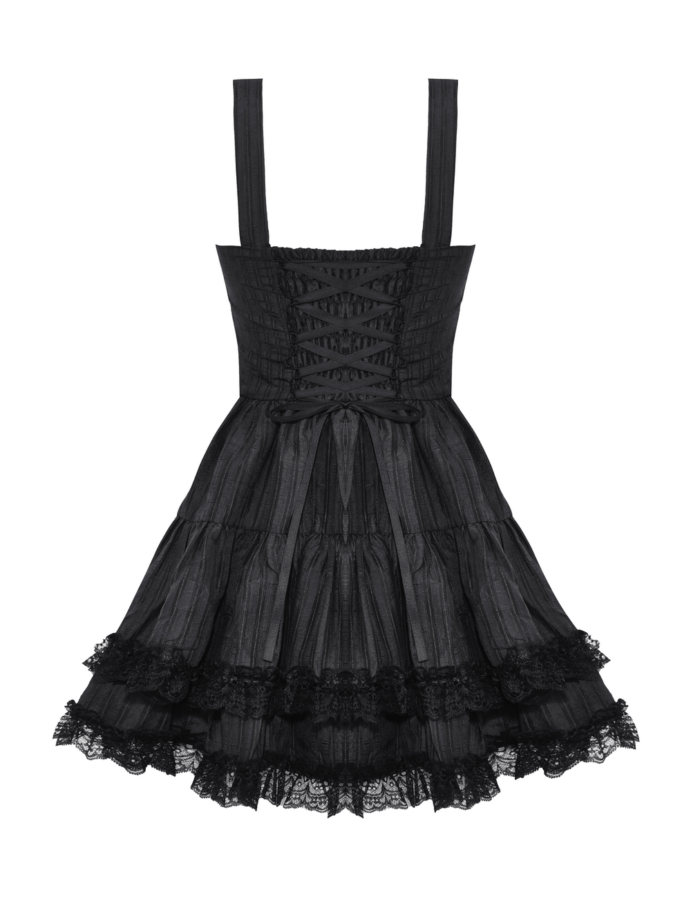 Elegant black Lolita dress with lace ruffles, suspender design, and decorative buttons, perfect for gothic fashion lovers.