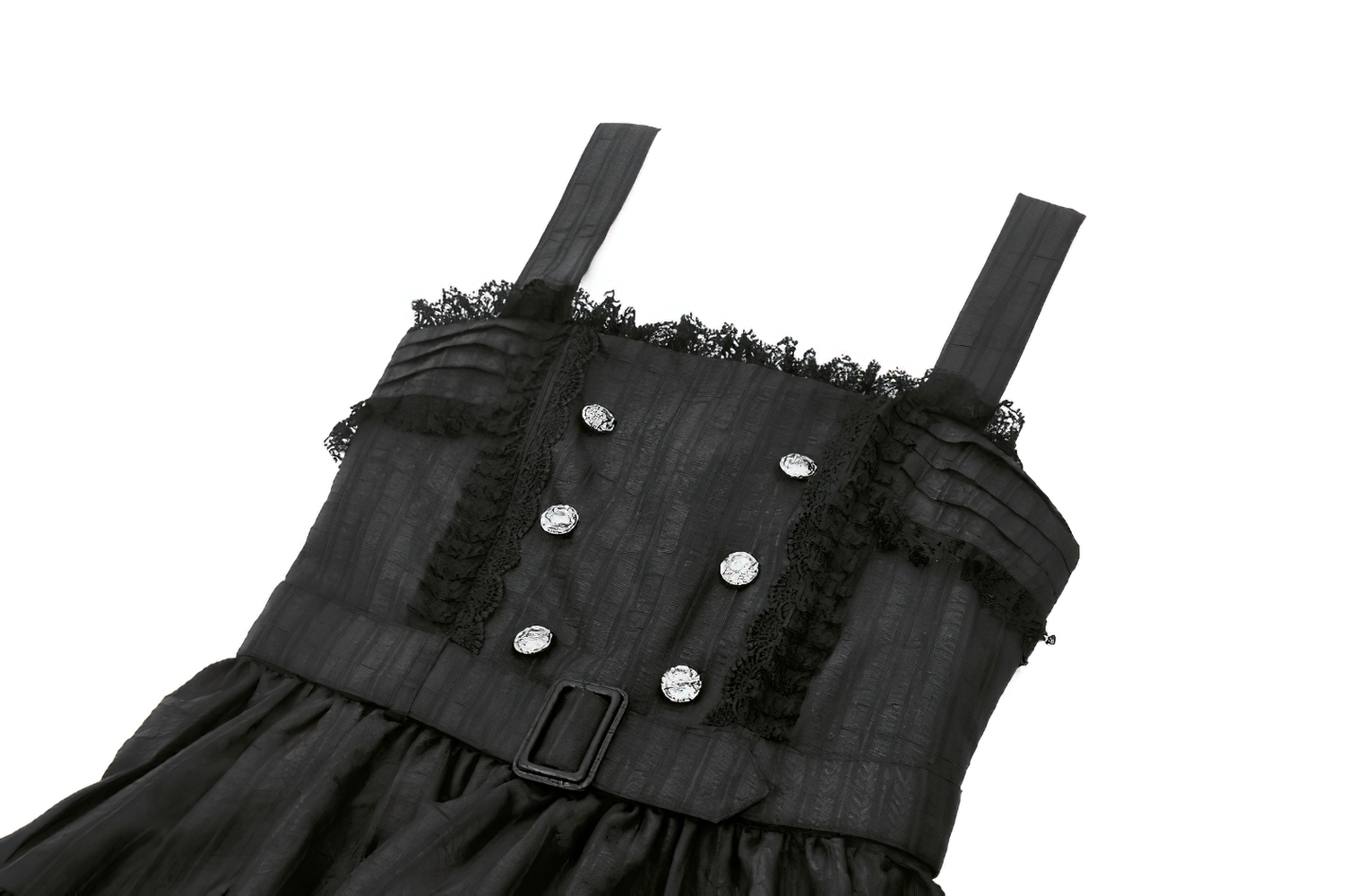 Elegant black Lolita dress with lace ruffles, decorative buttons, and a belted waist for gothic fashion lovers.