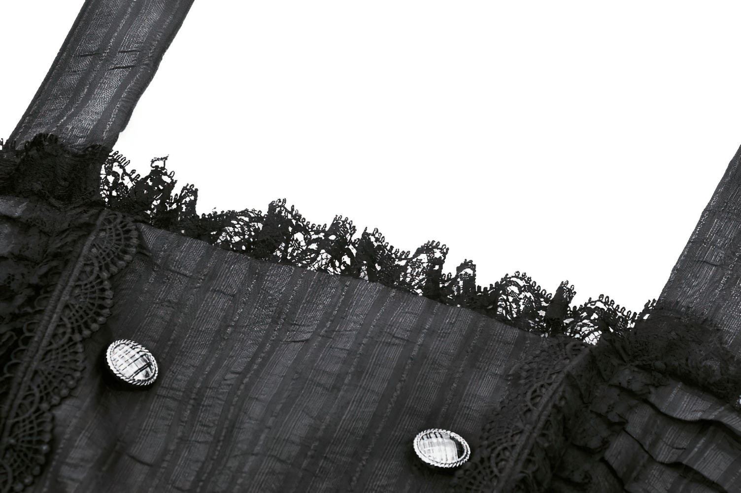 Close-up of black Lolita dress featuring lace ruffles and decorative buttons for gothic elegance.