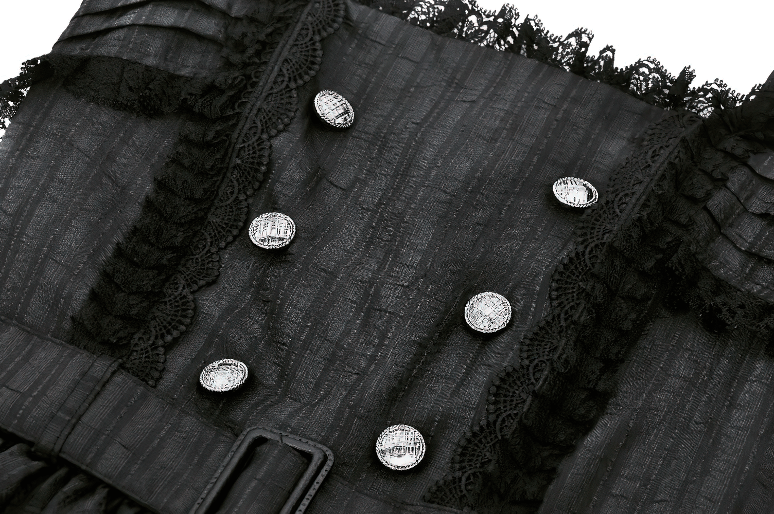 Close-up of black Lolita dress showing intricate lace ruffles and decorative silver buttons, highlighting gothic elegance.