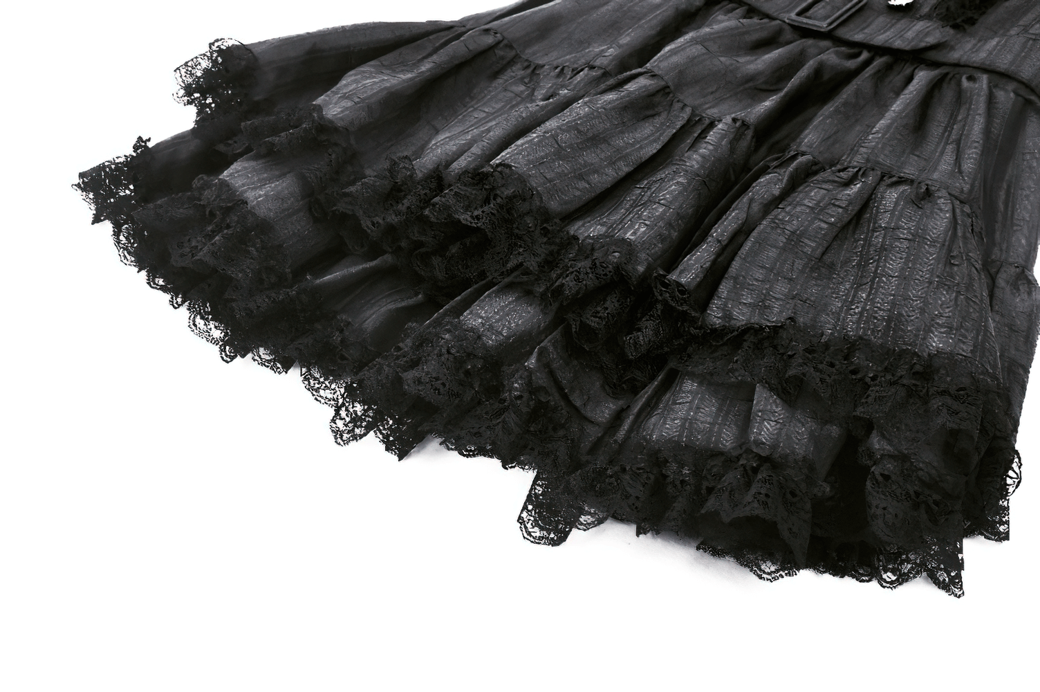 Black Lolita dress with lace ruffles and a tiered skirt, showcasing elegant gothic style and intricate detailing.