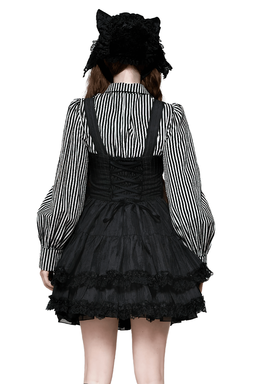 Back view of a model in a black Lolita dress with lace ruffles, striped shirt, and decorative buttons, showcasing gothic style.