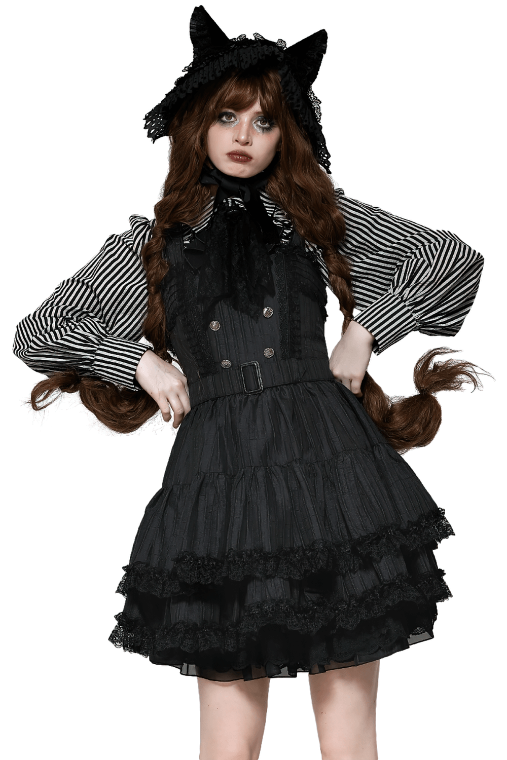 Black Lolita dress with lace ruffles, decorative buttons, and striped sleeves, styled with a cat ear hat.