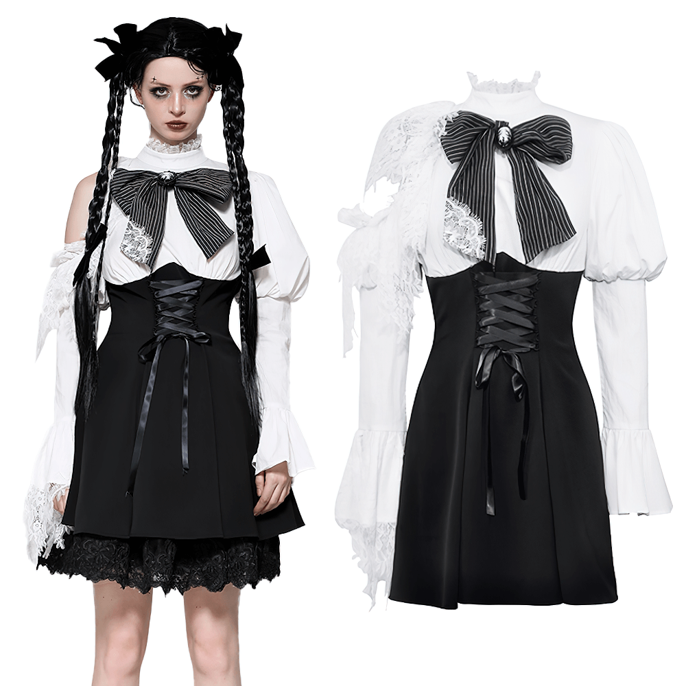 Elegant black and white Lolita dress with lace sleeves, corset waist, and dramatic ribbon accents for gothic style.