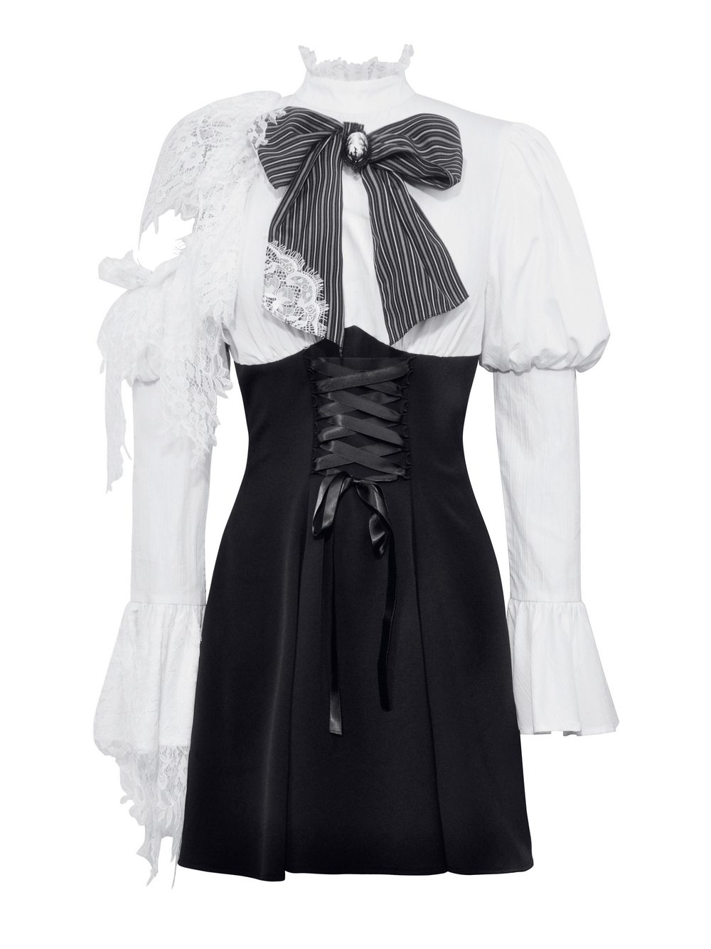 Elegant black and white Lolita dress with lace sleeves, corset waist, and ribbon accents, perfect for gothic fashion.